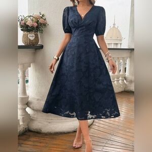 New Navy Lace Shoulder Sheer Long Sleeve Dress main image 1